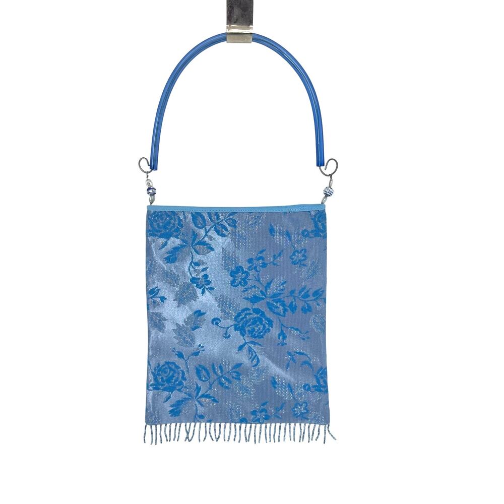 Bridgerton Blue Silk Brocade Evening Bag with Beaded Fringe
